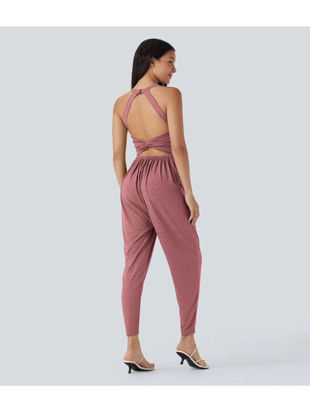 Built-in Bra Harem Casual Jumpsuit with Pockets- Brick Red Mix XS ($55.95)